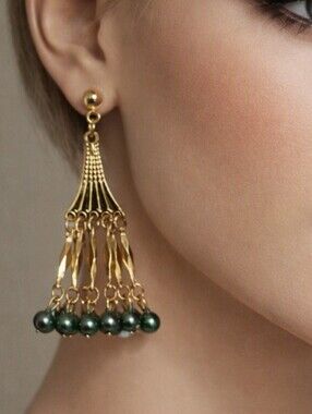 Women's  Stylish Polished Gold-tone Fringe Design Beaded Drop Dangle Earrings